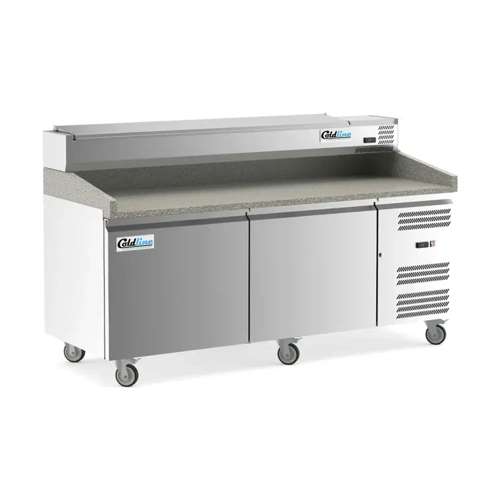 Coldline 80" Pizza Prep Dough Retarder Table with Marble Top & Refrigerated Stainless Steel Topping Rail, 2 Door, 9 Pans