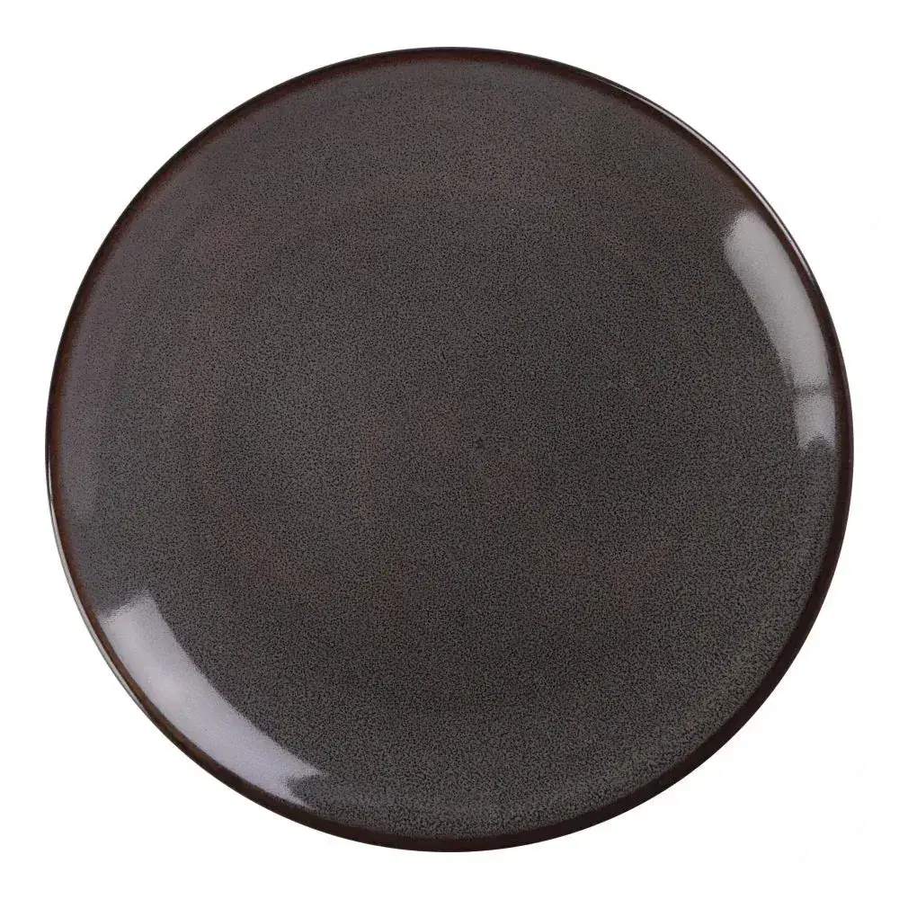 Durable, gray chinaware coupe plate from Yanco China with a dark rim, a stylish and modern choice for serving main courses in a restaurant.