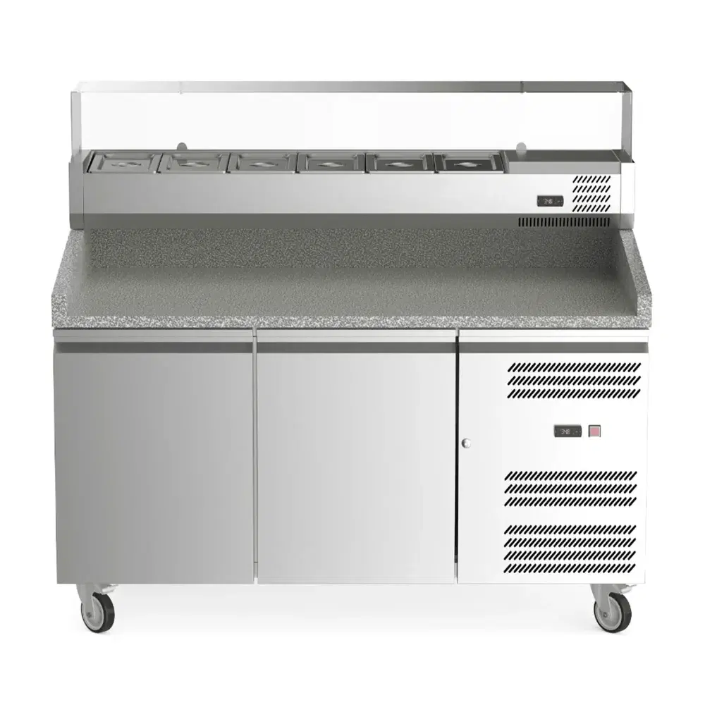 ProKitchen Series 60" Pizza Prep Dough Retarder Table with Marble Top & Refrigerated Glass Topping Rail, 6 Pans, 2 Door, Stainless Steel