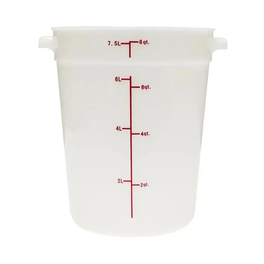 White polypropylene round food storage container from Thunder Group, a reliable and stackable option for saving valuable kitchen space.