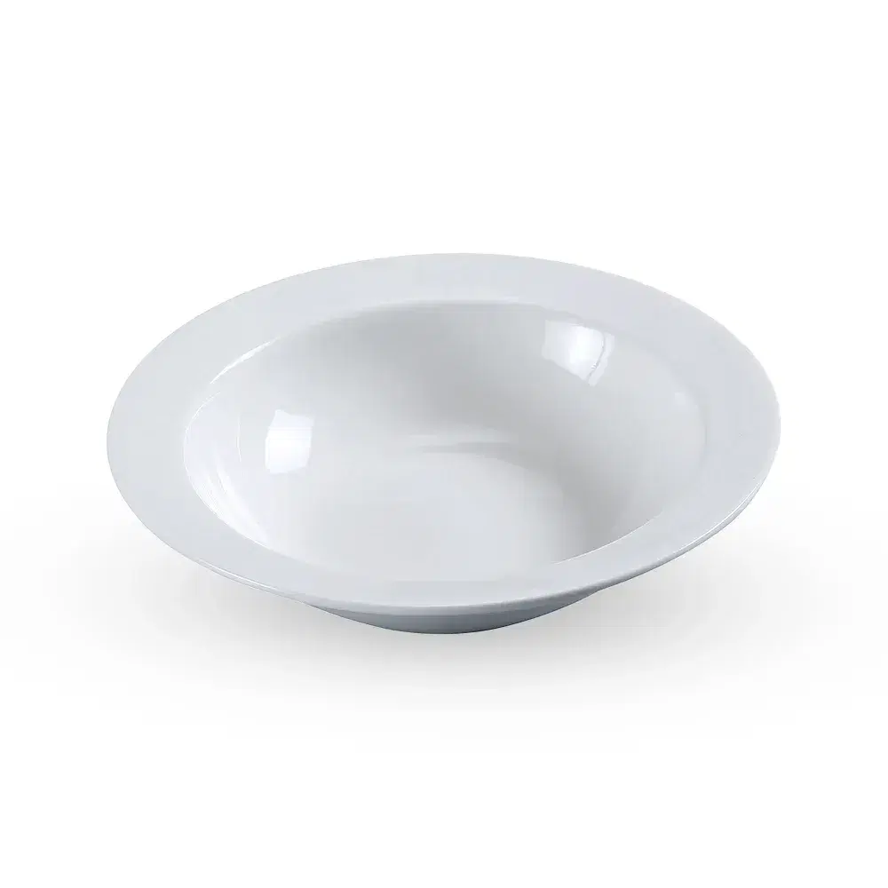 White Yanco China chinaware grapefruit bowl, rounded design cradles citrus halves beautifully for breakfast display.