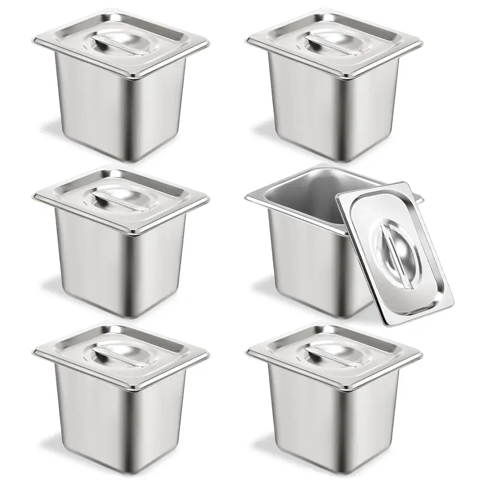 ServeCraft Series 6" Deep Hotel Pans with Lids, 1/6 Size, 2.7 Qt, Stainless Steel, 6 Sets