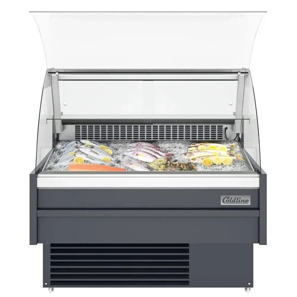 Coldline 48" Refrigerated Fish Display Case, Curved Glass, Ice Bin and Drain, 1 Year Warranty