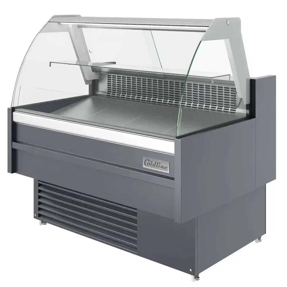 Coldline 48" Refrigerated Meat Deli Case, Curved Glass, Rear Storage, 1 Year Warranty