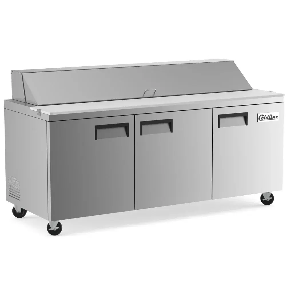 Coldline 72" Sandwich / Salad Prep Table, 430 Stainless Steel, 3 Door, 18 Pans, 1 Year Warranty