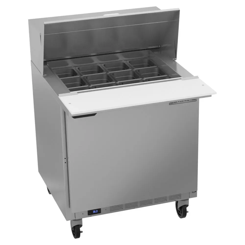 Single-door mega-top prep table with high-capacity pans and glass lids from Beverage-Air, designed for visibility and cooling efficiency.