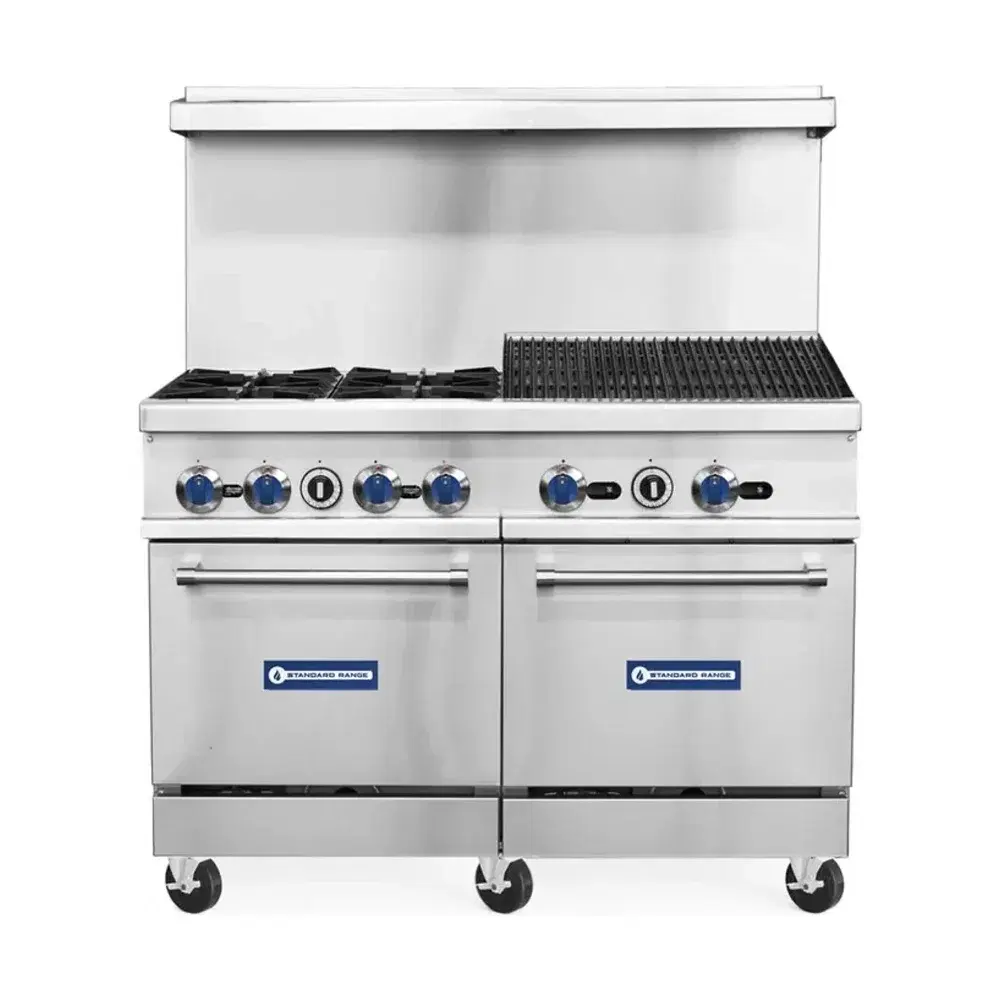 Standard Range 48" Gas Range, 24" Charbroiler & 2 Oven, 4 Burners, Liquid Propane - 256,000 BTU