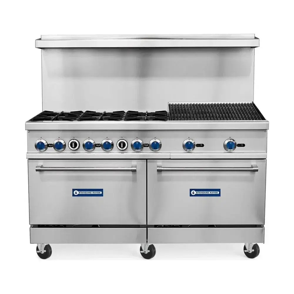 Standard Range 60" Gas Range, 24" Charbroiler & 2 Oven, 6 Burners, Liquid Propane - 306,000 BTU