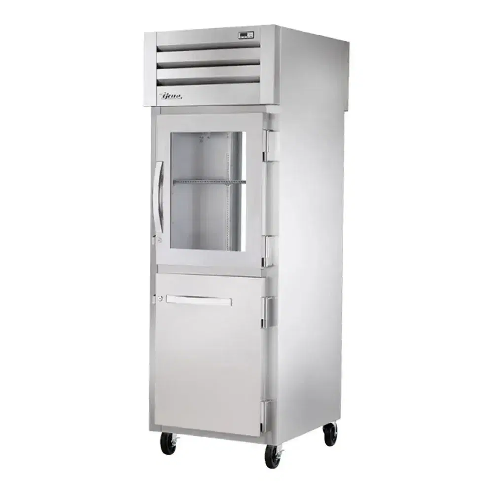 True pass-thru refrigerator with glass and solid front half doors, rear glass door, stainless aluminum silver finish for professional storage.