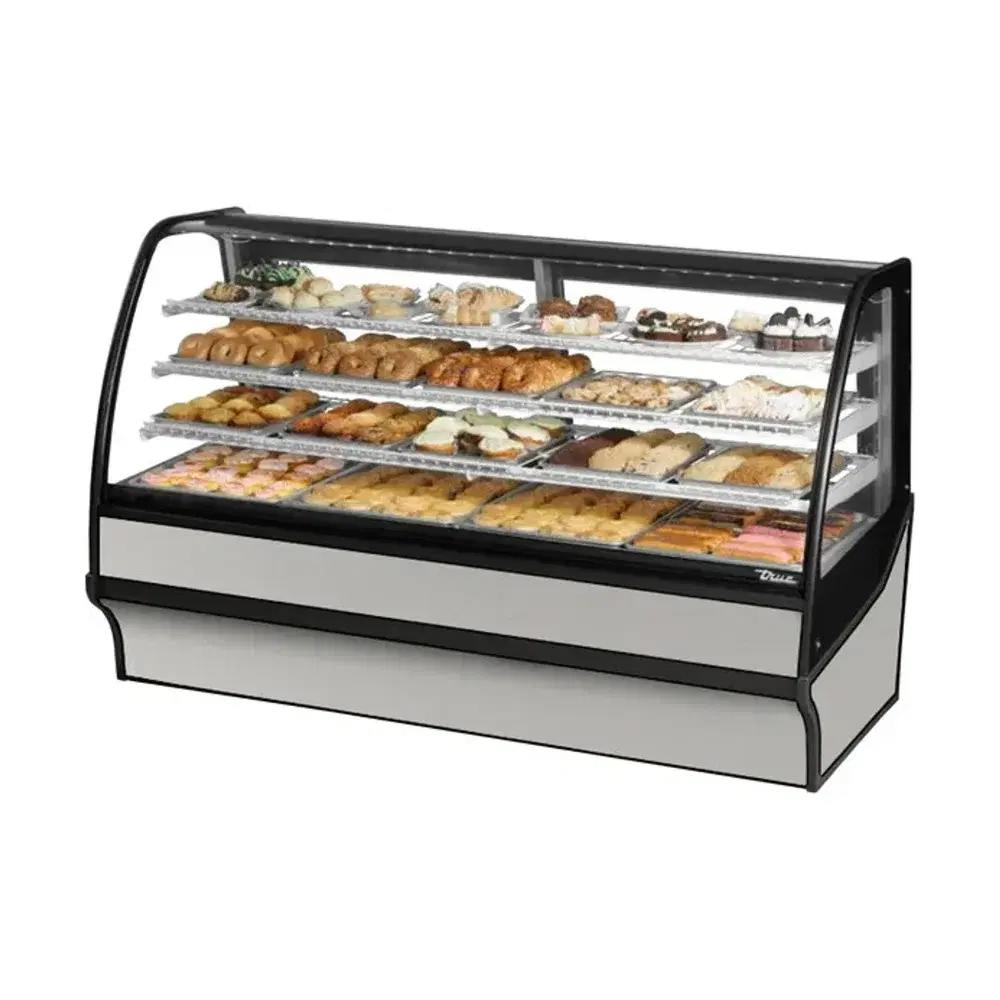 True TDM-DC-77-GE_GE-S-S 77" Dry Curved Glass Door Bakery Display Case, Sliding, Stainless Steel, 115V, 7 Year Warranty