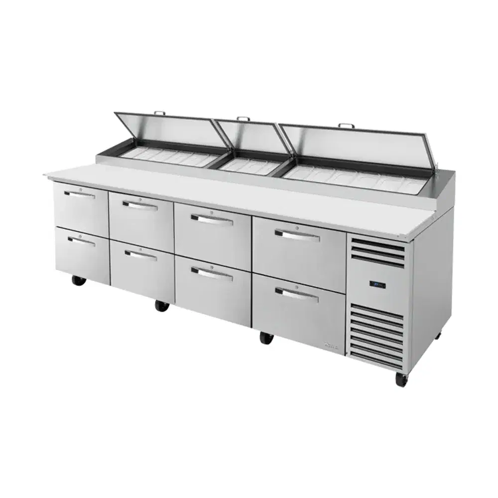 True TPP-AT-119D-8-HC~SPEC3 119" Pizza Prep Table, Holds 15 -1/3 Pans, 8 Drawer, Stainless Steel, 7 Year Warranty