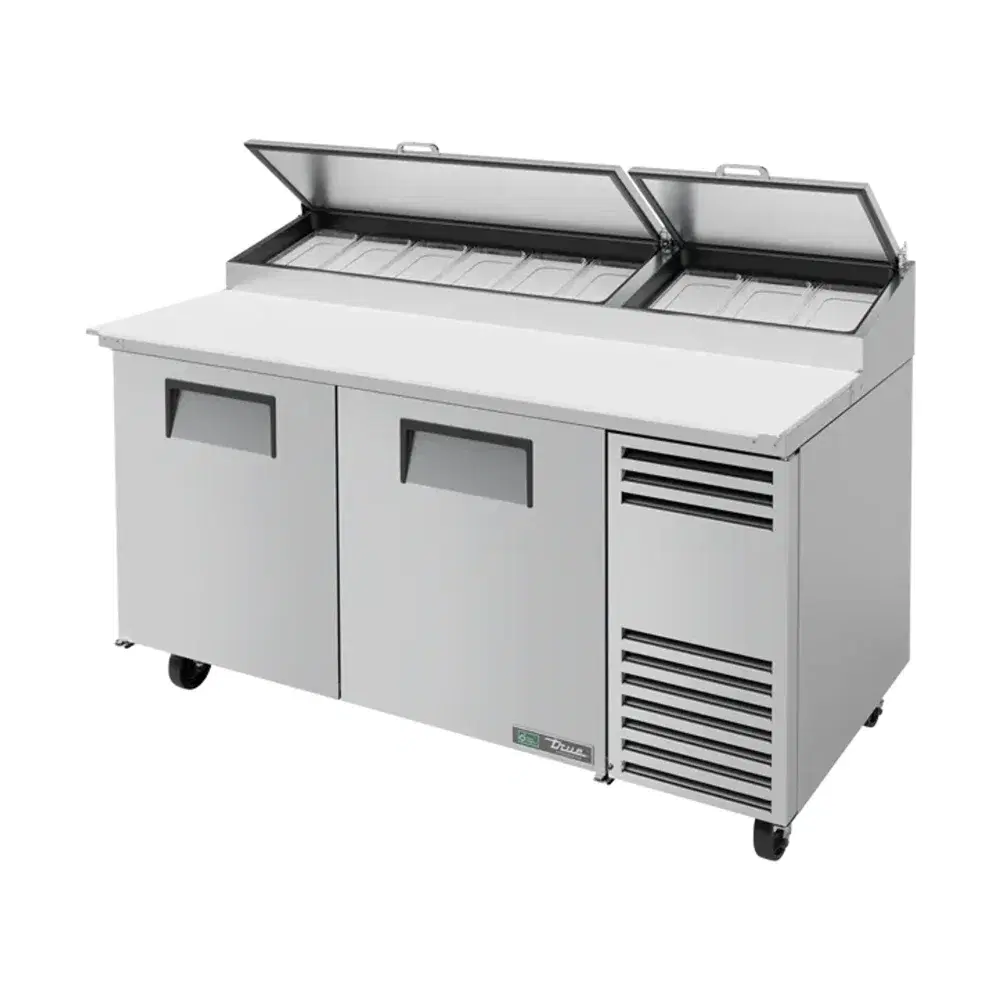 True TPP-AT-67-HC 67" Pizza Prep Table, Holds 9 -1/3 Pans, 2-Door Solid, Stainless Steel, 7 Year Warranty