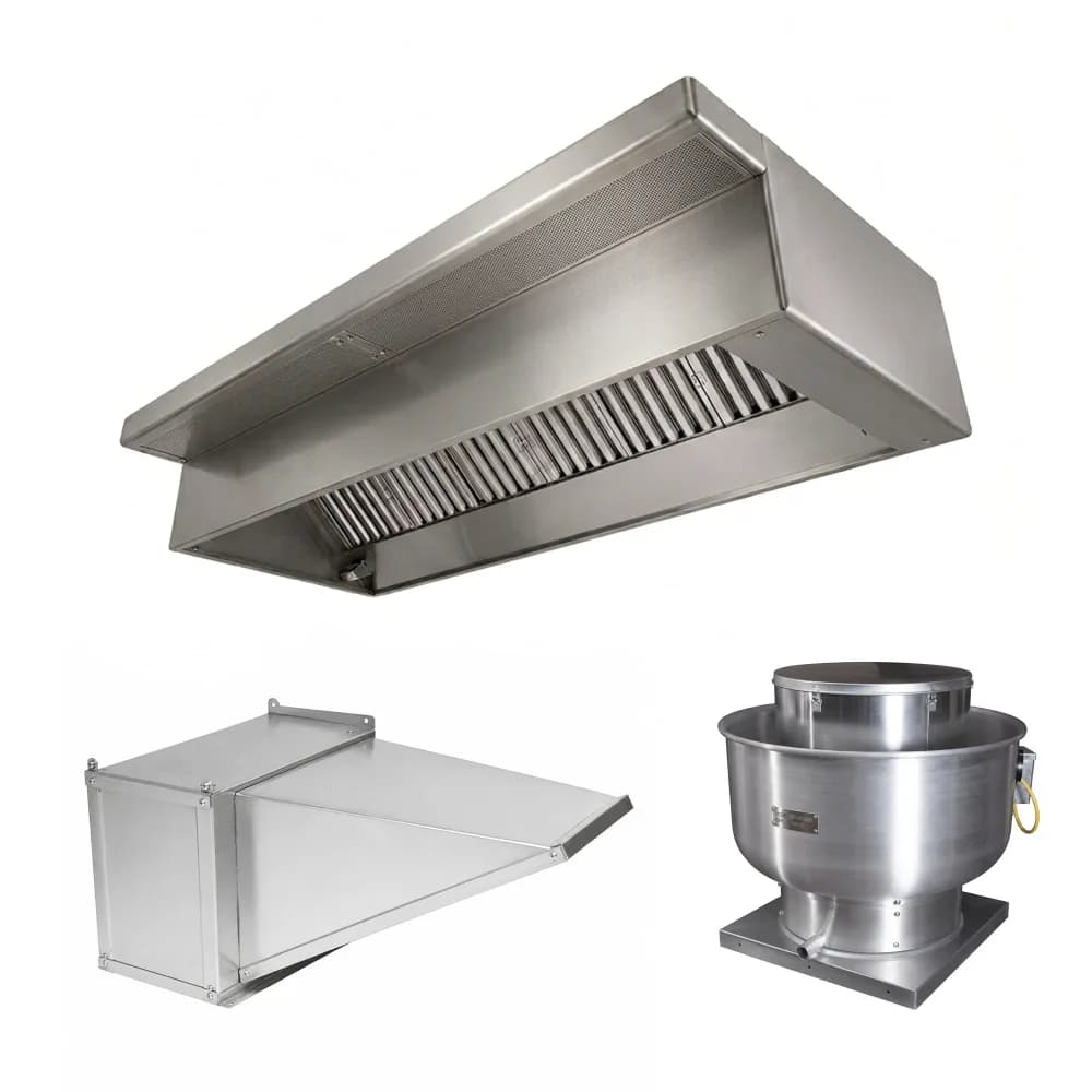 TurboVent Series 11' Wall Canopy Hood With Exhaust Fan, Make Up Air Unit & Roof Curbs, Stainless Steel
