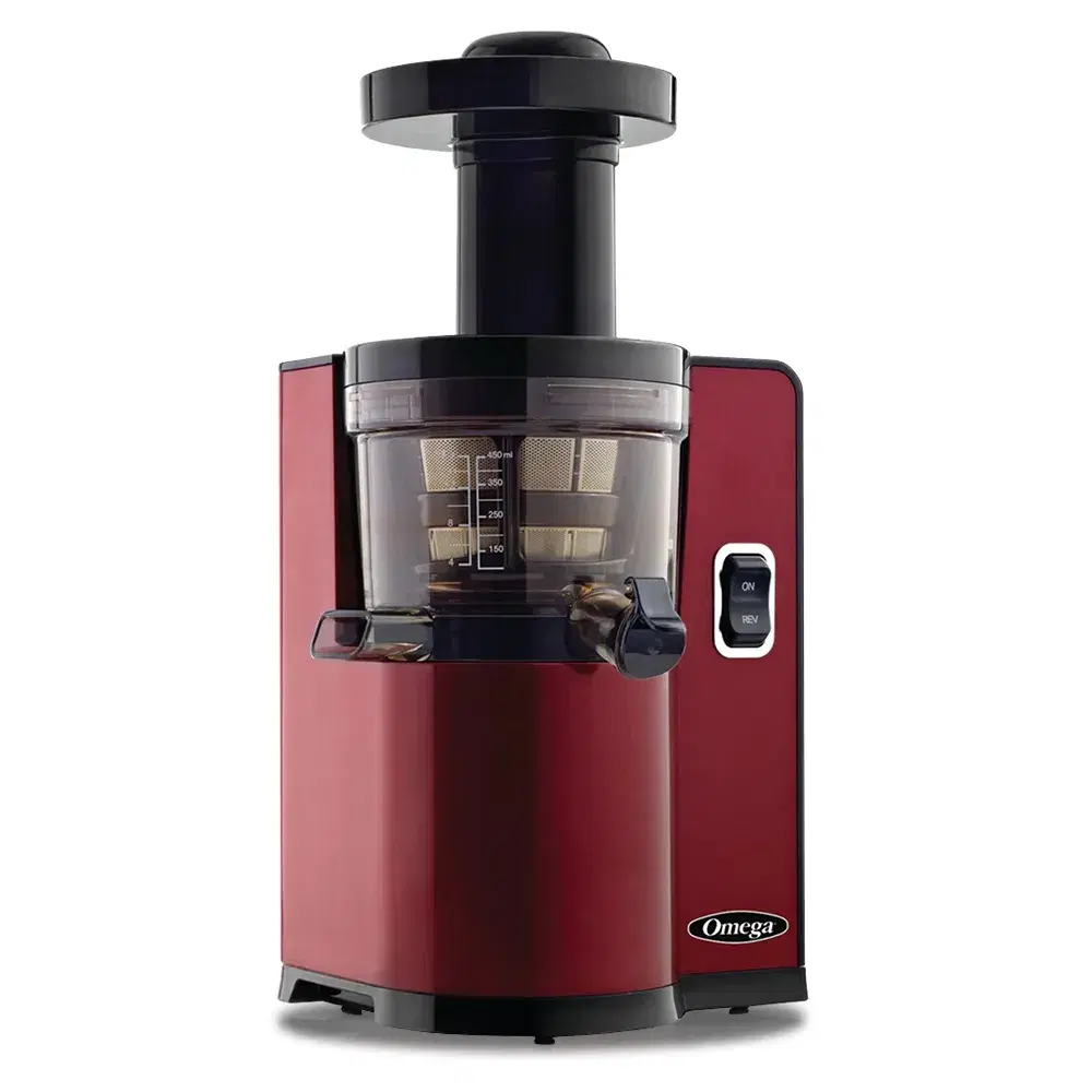 Omega VSJ843QR Cold Press Juicer, Vertical Masticating Compact, Red, Automatic Pulp Ejection, 150W