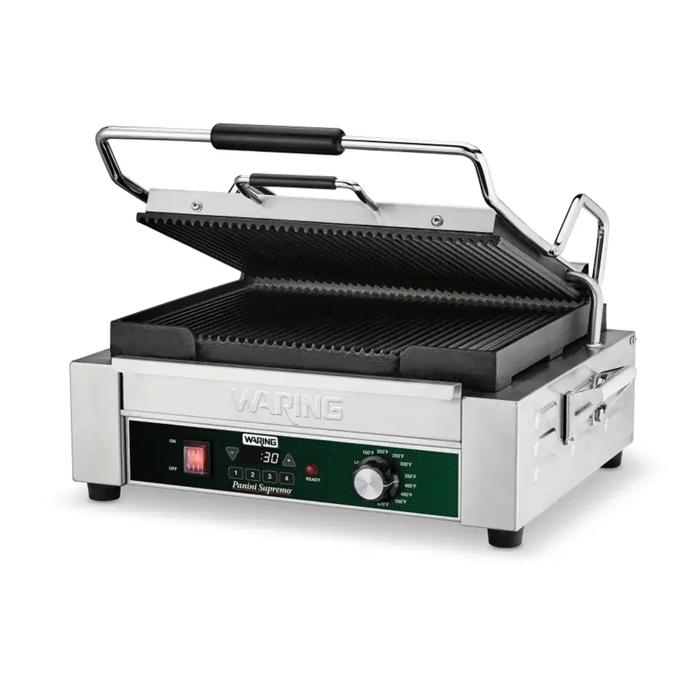 Waring WPG250TX Single Panini Press with Cast Iron Grooved Plates, 120V