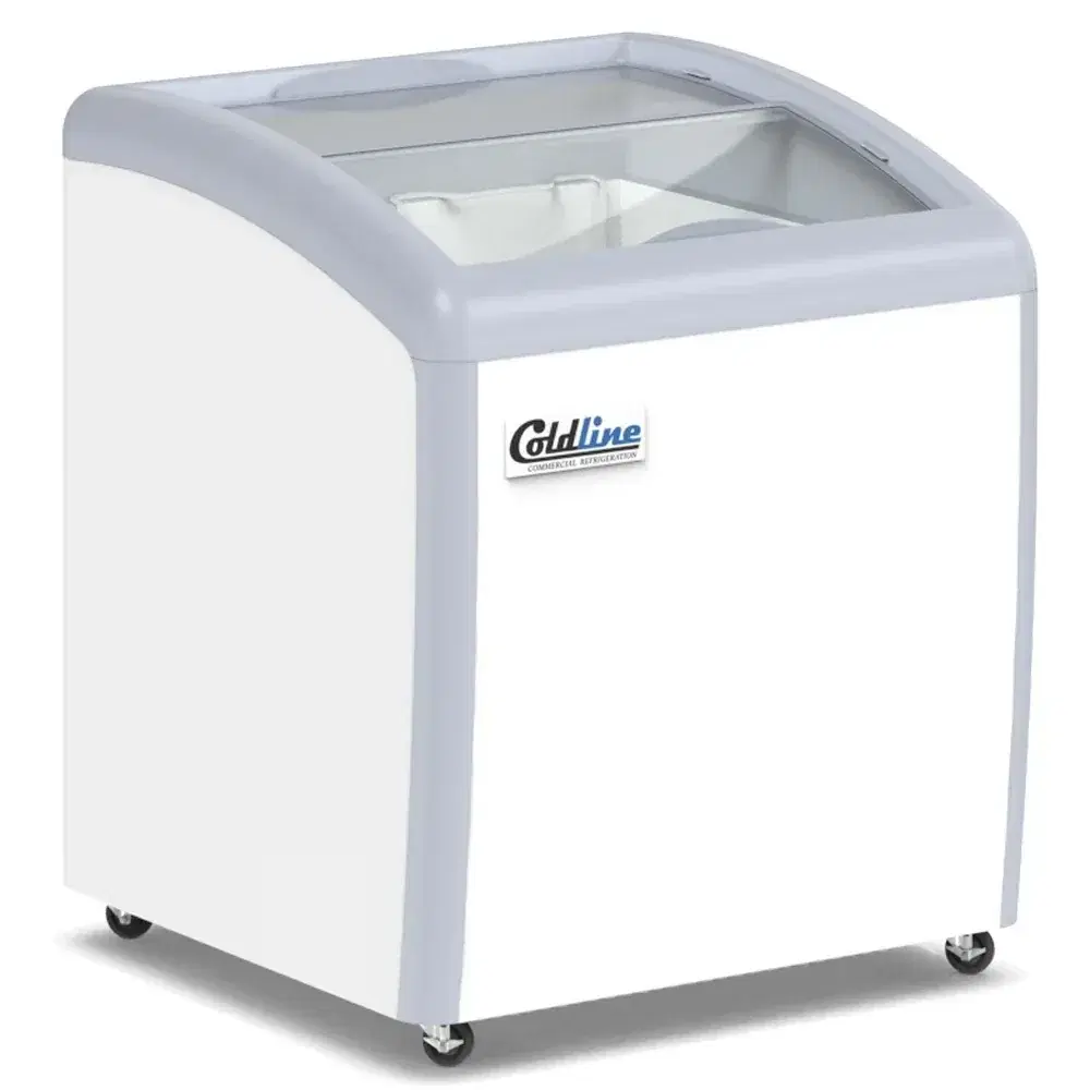 Coldline 26" Ice Cream Freezer, 6 Cu. Ft, Curved Glass Top, 1 Baskets, 1 Year Warranty