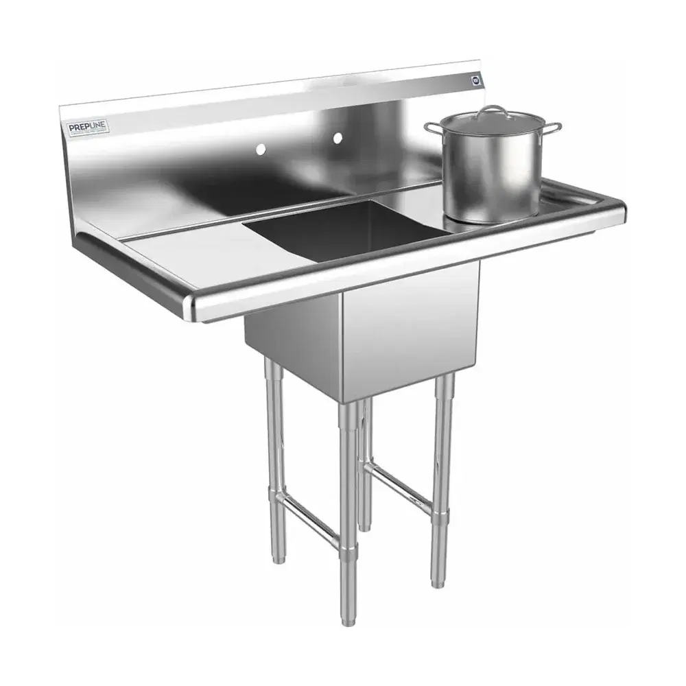 Prepline 38" One Compartment Commercial Sink, 14" x 16" Bowl, Stainless Steel with Left and Right Drainboard
