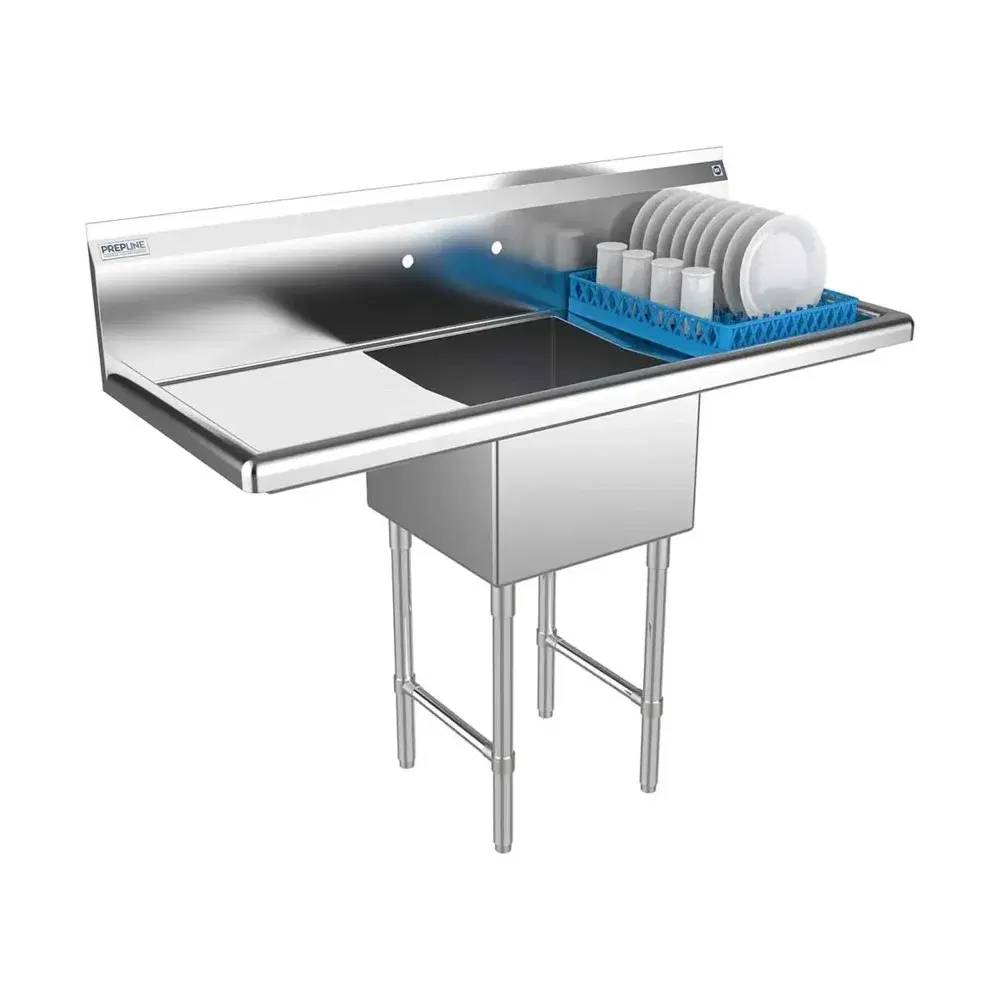 Prepline 54" One Compartment Commercial Sink, 18" x 18" Bowl, Stainless Steel with Left and Right Drainboard