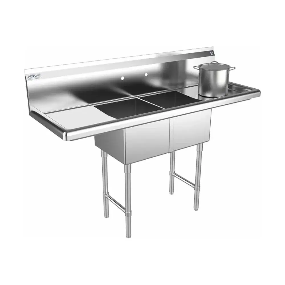 Prepline 52" Two Compartment Commercial Sink, 14" x 16" Bowls, Stainless Steel with Left and Right Drainboard