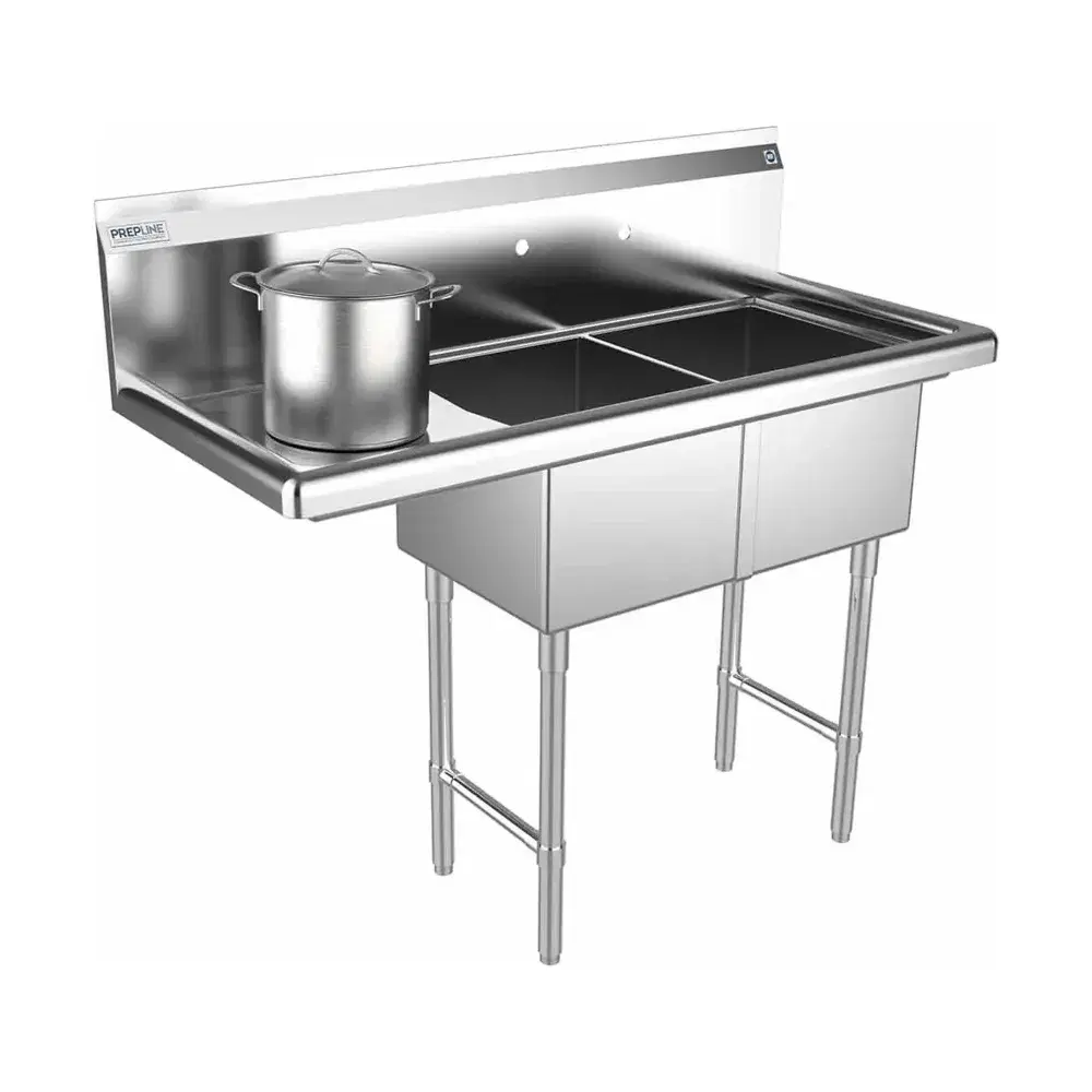 Prepline 42" Two Compartment Commercial Sink, 14" x 16" Bowls, Stainless Steel with Left Drainboard
