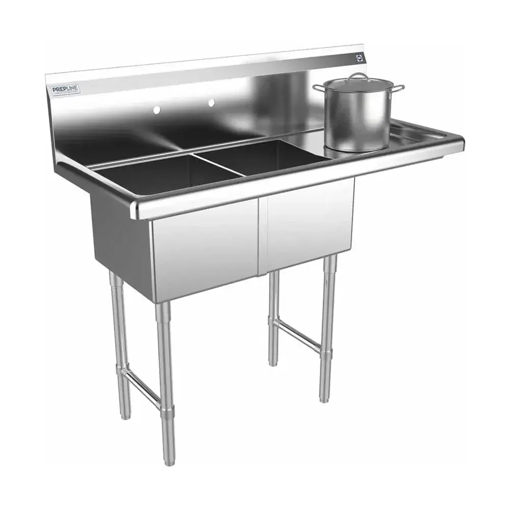 Prepline 42" Two Compartment Commercial Sink, 14" x 16" Bowls, Stainless Steel with Right Drainboard