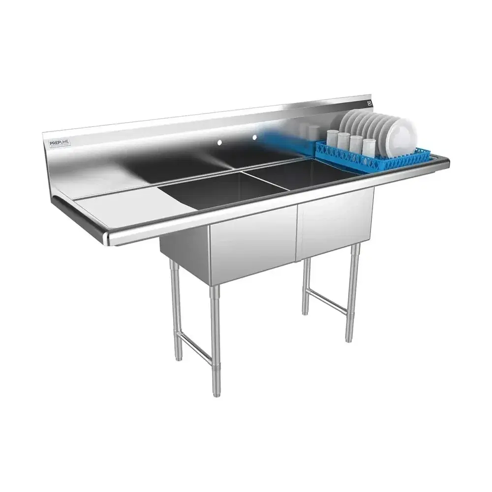 Prepline 72" Two Compartment Commercial Sink, 18" x 18" Bowls, Stainless Steel with Left and Right Drainboard