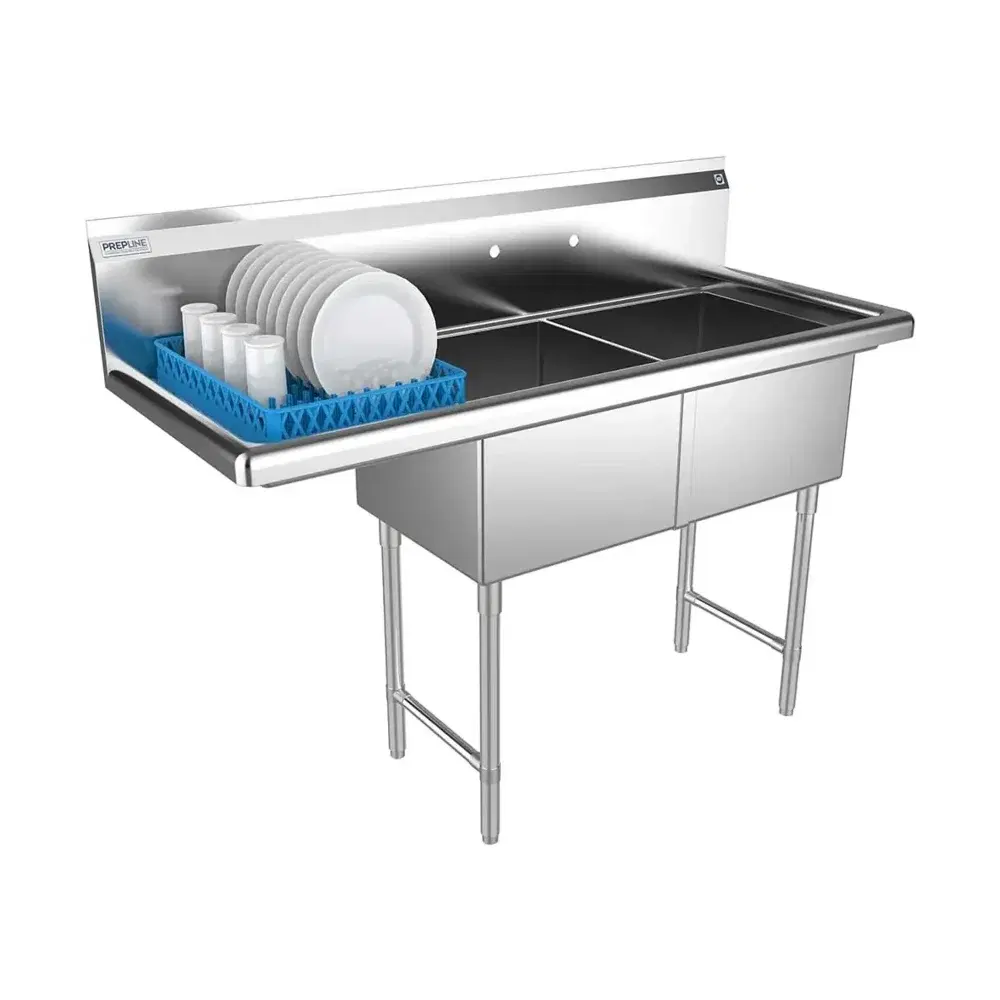Prepline 56" Two Compartment Commercial Sink, 18" x 18" Bowls, Stainless Steel with Left Drainboard