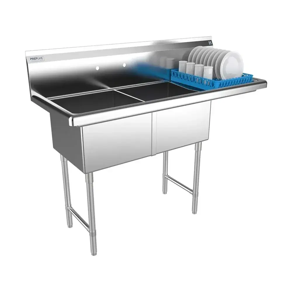Prepline 62" Two Compartment Commercial Sink, 18" x 18" Bowls, Stainless Steel with Right Drainboard