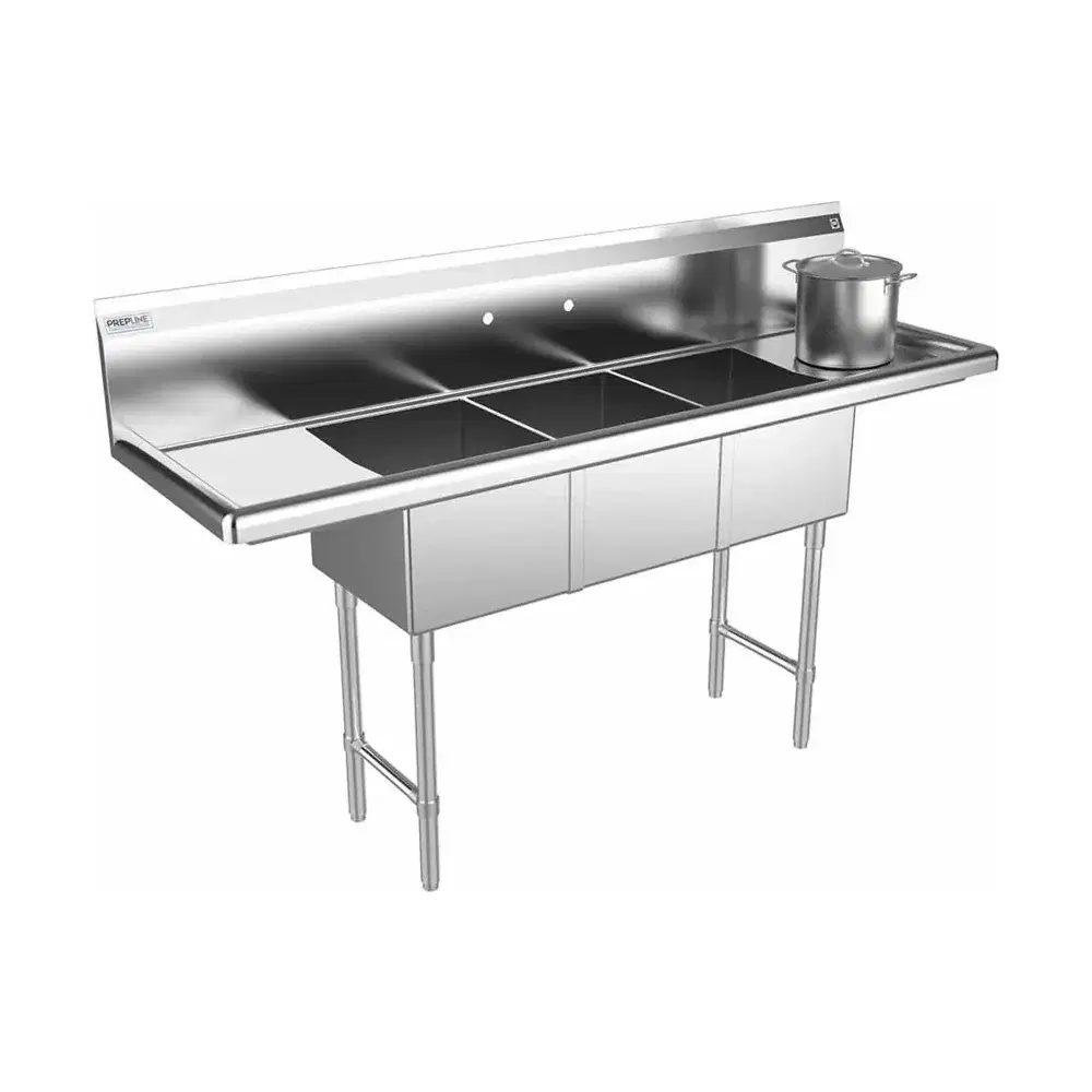 Prepline 66" Three Compartment Commercial Sink, 14" x 16" Bowls, Stainless Steel with Left and Right Drainboard