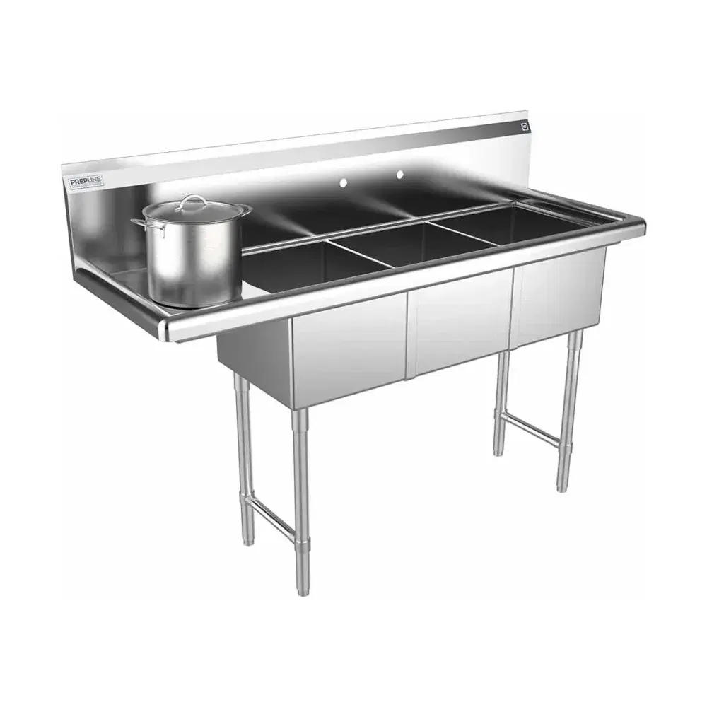 Prepline 56" Three Compartment Commercial Sink, 14" x 16" Bowls, Stainless Steel with Left Drainboard