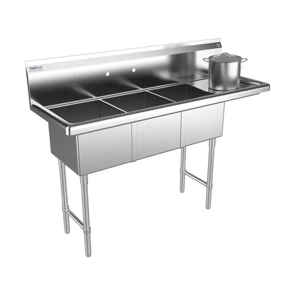 Prepline 56" Three Compartment Commercial Sink, 14" x 16" Bowls, Stainless Steel with Right Drainboard