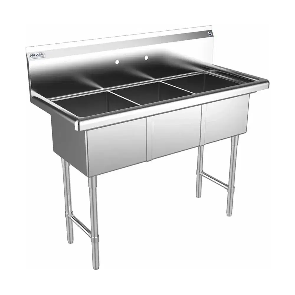Prepline 47" Three Compartment Commercial Sink, 14" x 16" Bowls, Stainless Steel