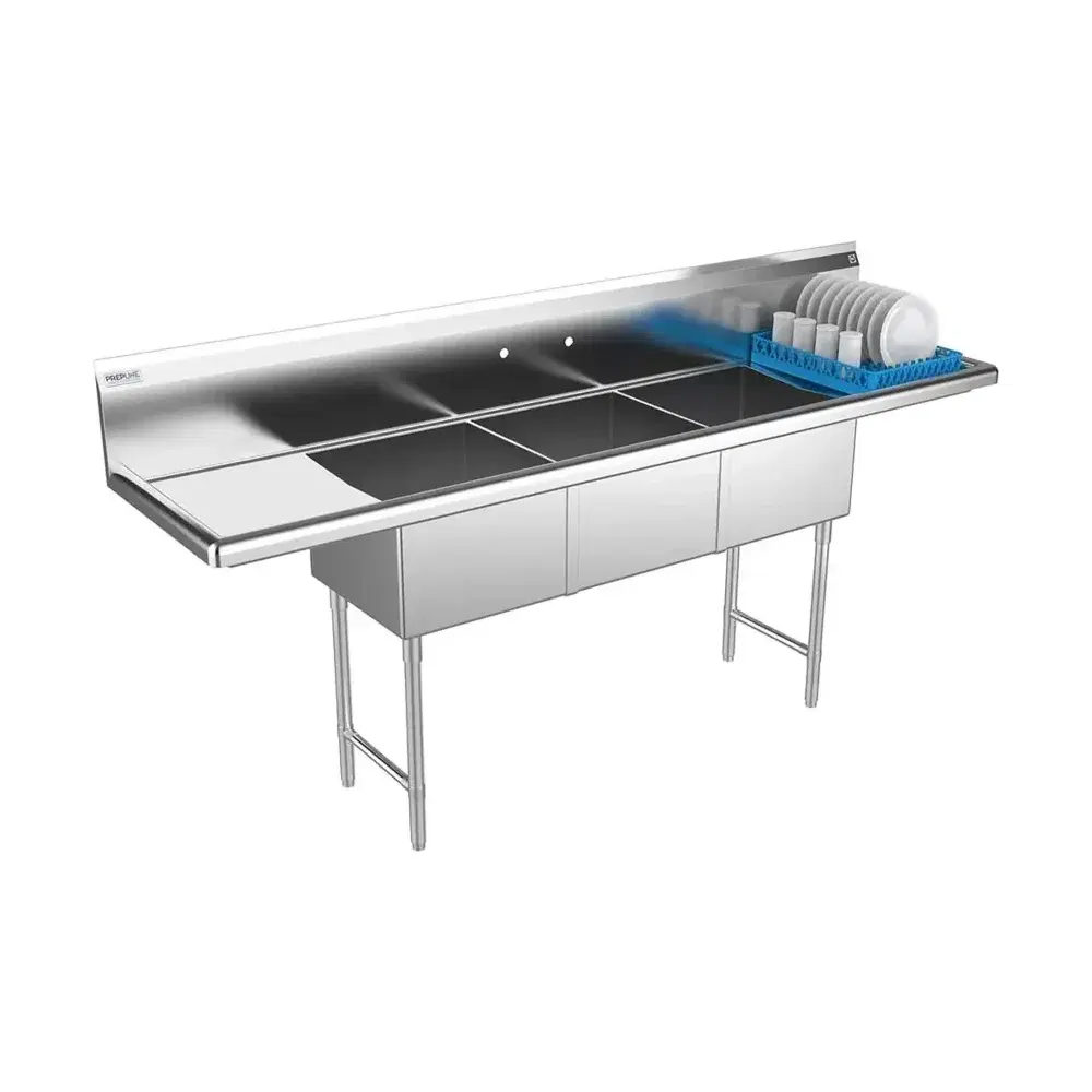 Prepline 90" Three Compartment Commercial Sink, 18" x 18" Bowls, Stainless Steel with Left and Right Drainboard
