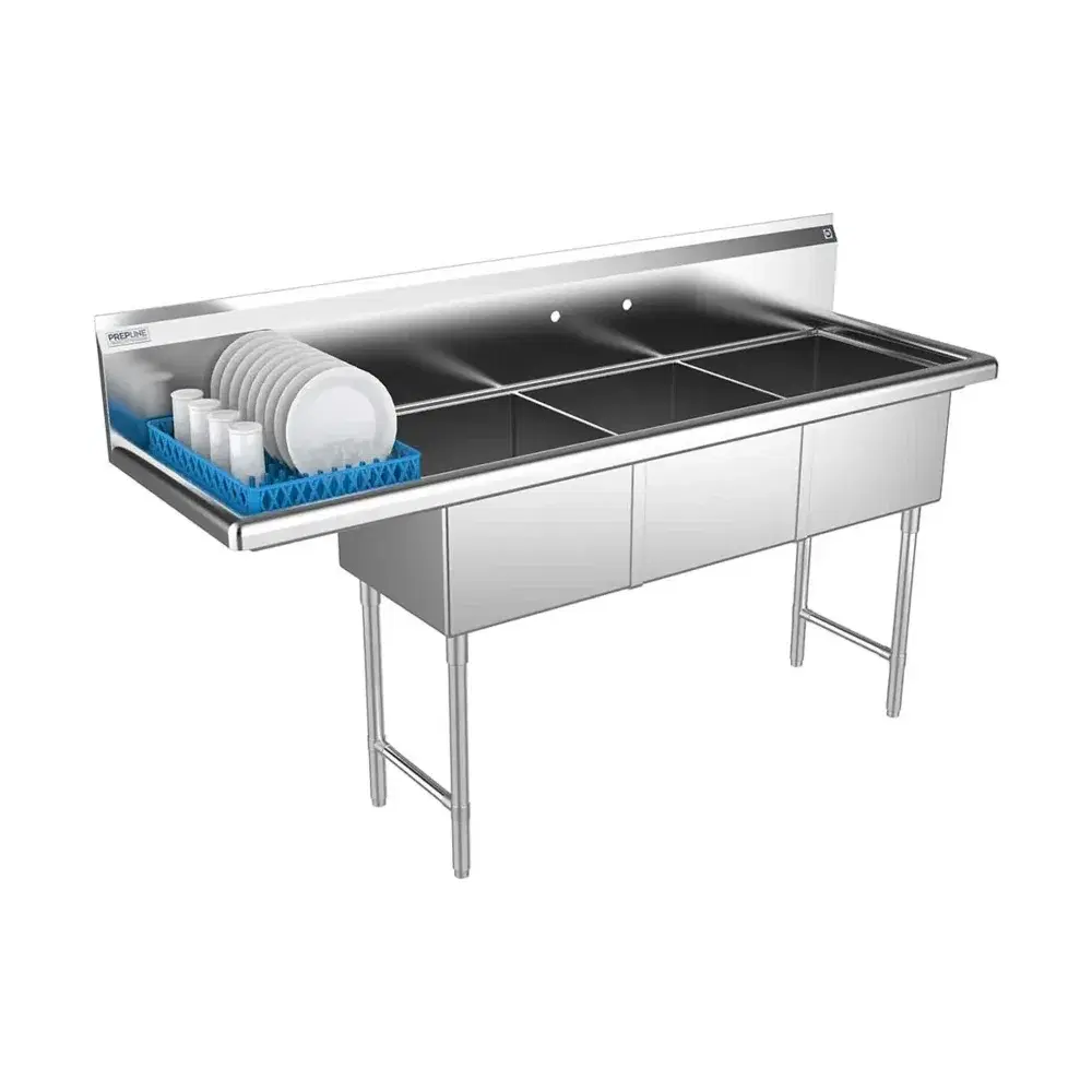 Prepline 74" Three Compartment Commercial Sink, 18" x 18" Bowls, Stainless Steel with Left Drainboard
