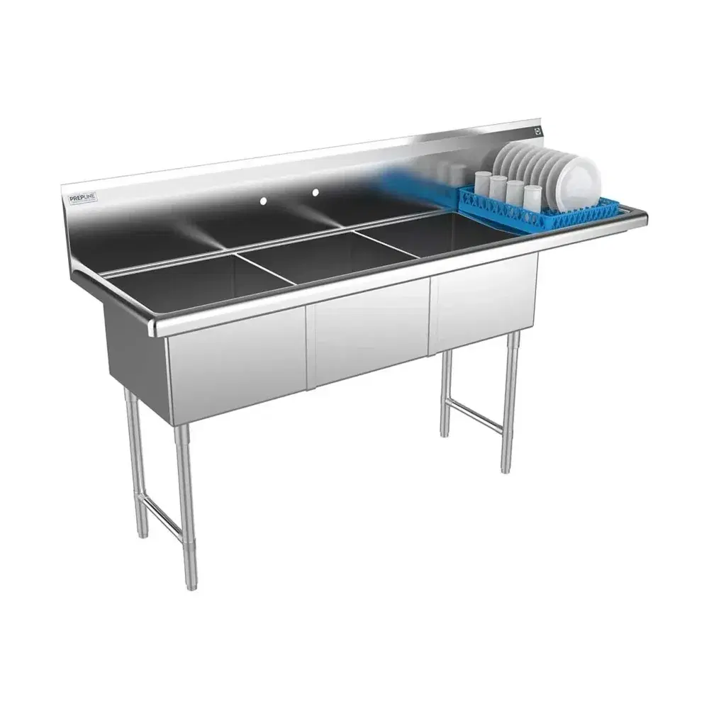 Prepline 74" Three Compartment Commercial Sink, 18" x 18" Bowls, Stainless Steel with Right Drainboard