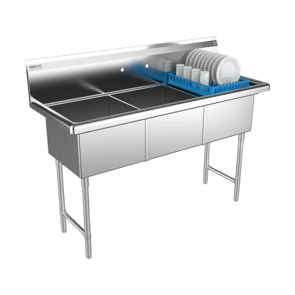 Prepline 59" Three Compartment Commercial Sink, 18" x 18" Bowls, Stainless Steel