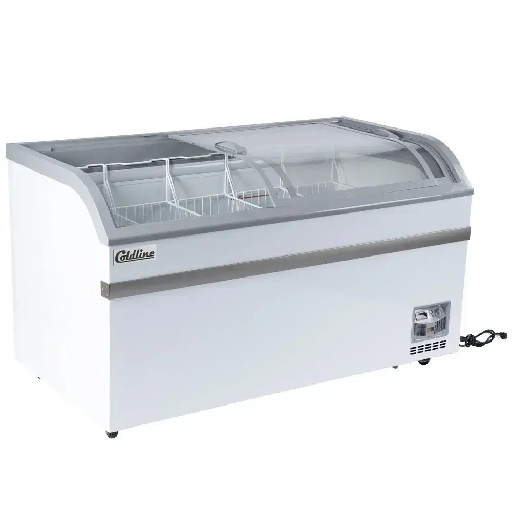 Coldline 58" Ice Cream Freezer, 18 Cu. Ft, Curved Glass Top, 5 Baskets, 1 Year Warranty