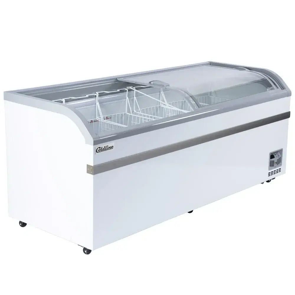 Coldline 79" Ice Cream Freezer, 25 Cu. Ft, Curved Glass Top, 6 Baskets, 1 Year Warranty