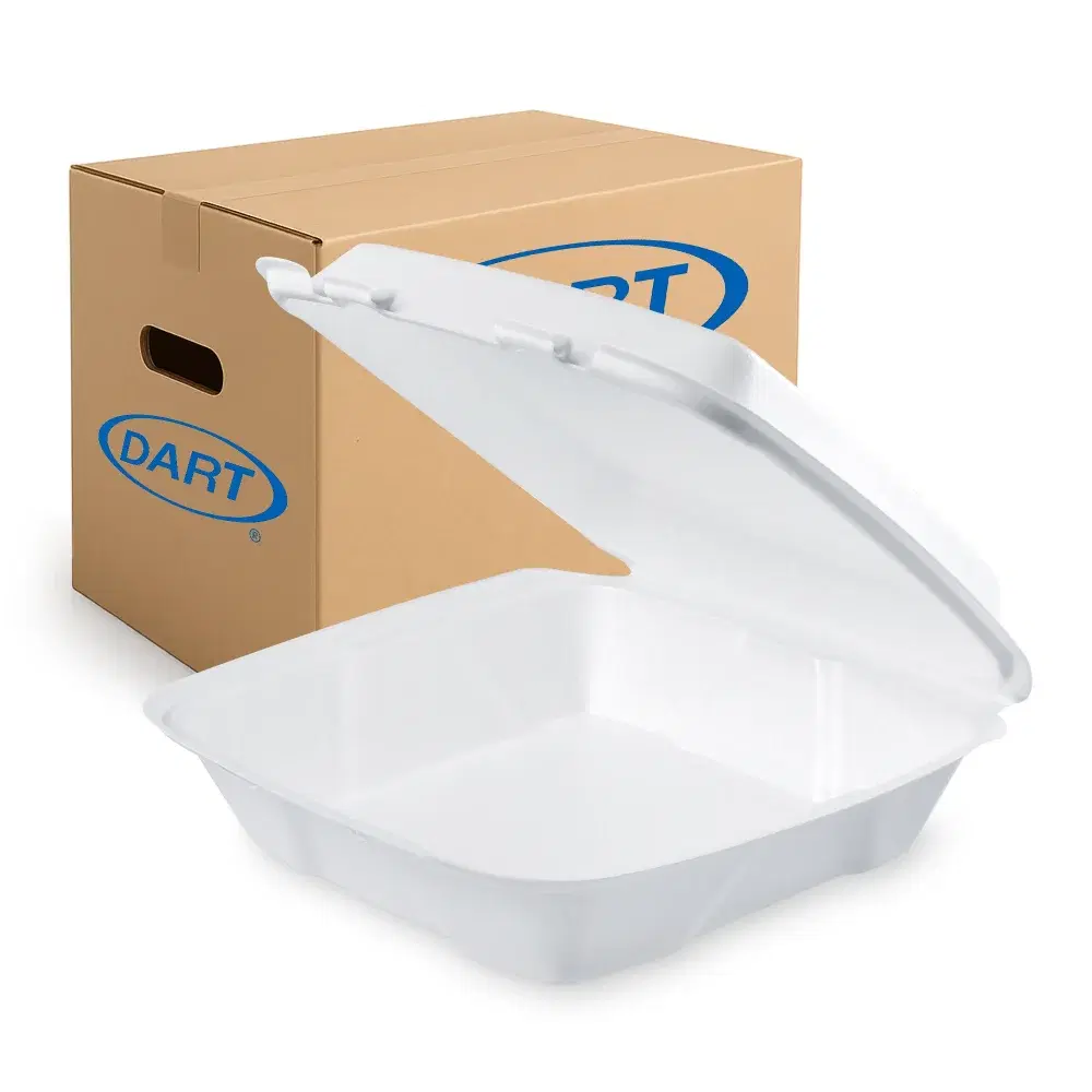 Dart 90HT1R Foam Take Out Container with Hinged Lid, Square, White, 9.38" x 9" x 3", 200/Case