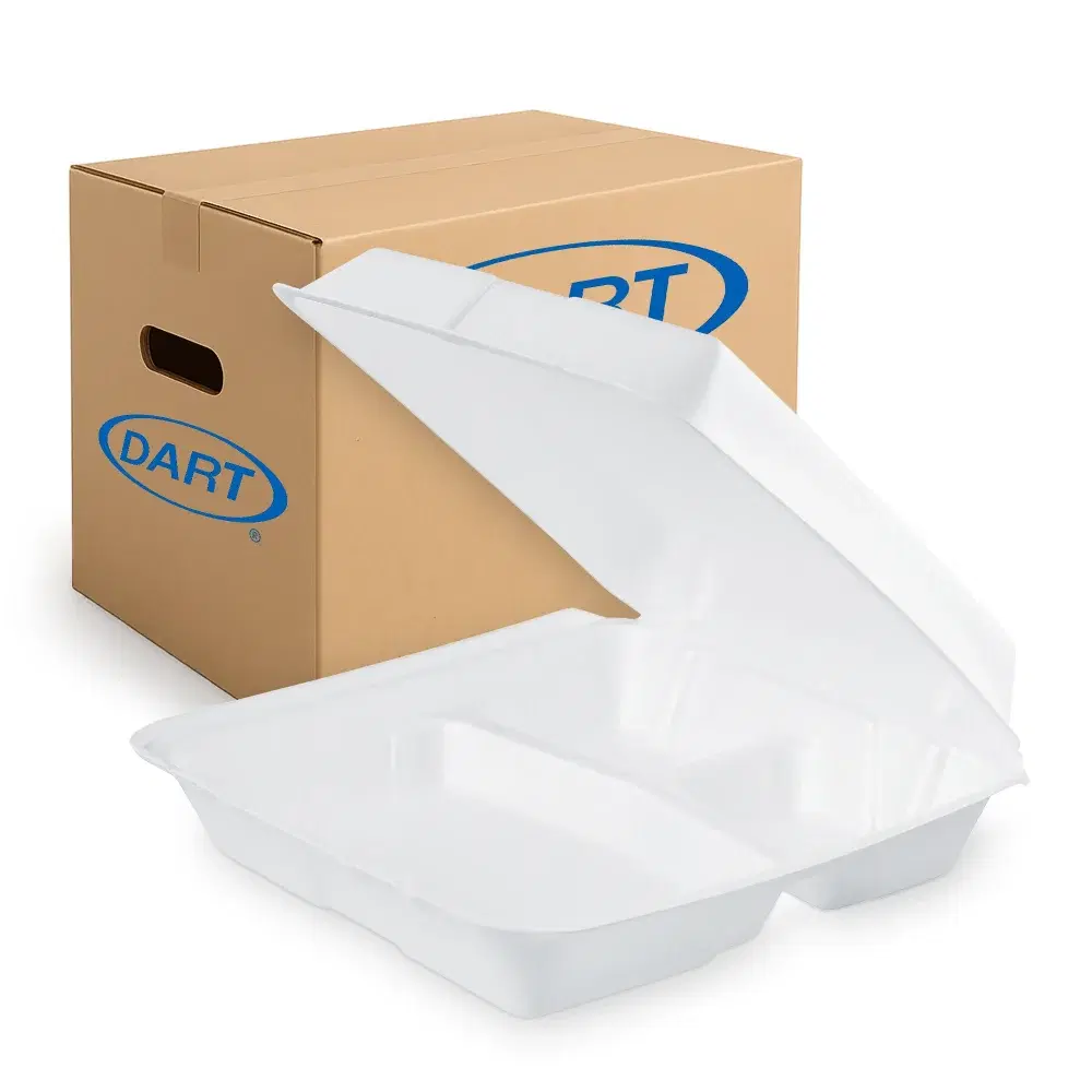 Dart 95HT3R Three-Compartment Foam Take Out Container with Hinged Lid, Square, 9.5" x 9" x 3", White, 200/Case