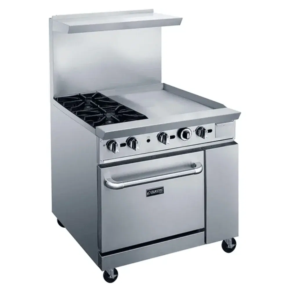 Dukers DCR36-2B24GM 36" Commercial Gas Range, 2 Open Burners, 24" Griddle and 1 Oven, Convertible, 1 Year Warranty