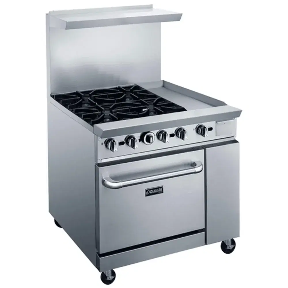 Dukers DCR36-4B12GM 36" Commercial Gas Range, 4 Open Burners, 12" Griddle and 1 Oven, Convertible, 1 Year Warranty