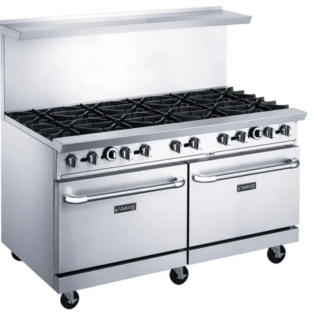 Dukers DCR60-10B 60" Commercial Gas Range, 10 Open Burners and 2 Ovens, Convertible, 1 Year Warranty