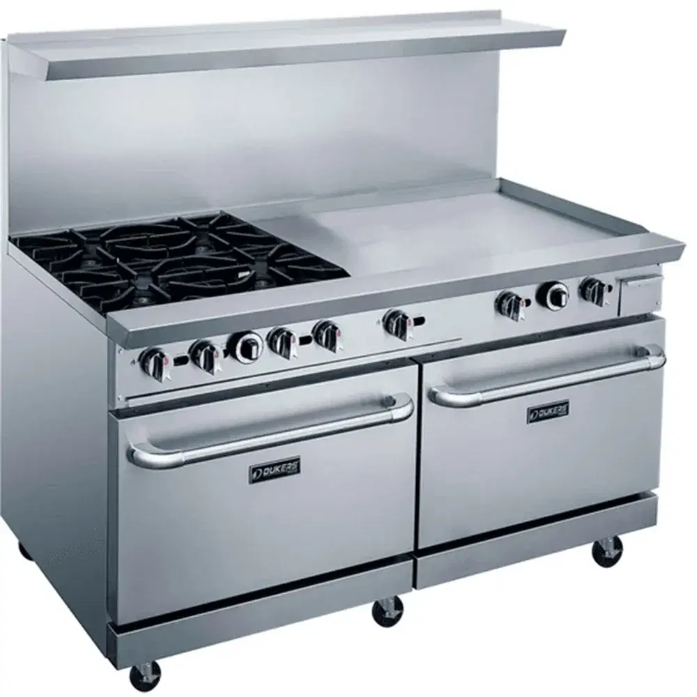 Dukers DCR60-4B36GM 60" Commercial Gas Range, 4 Open Burners, 36" Griddle and 2 Ovens, Convertible, 1 Year Warranty