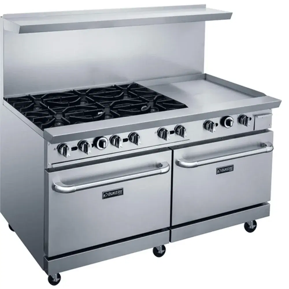 Dukers DCR60-6B24GM 60" Commercial Gas Range, 6 Open Burners, 24" Griddle and 2 Ovens, Convertible, 1 Year Warranty