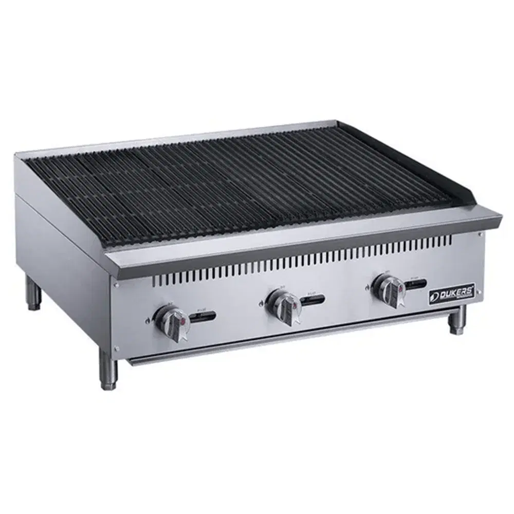 Dukers DCRB36 36" Countertop Charbroiler, 3 Burners, 105,000 BTU, Convertible, 1 Year Warranty