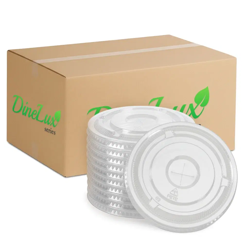 Dinelux Series Flat Lid with Straw Slot for 12oz to 24oz PET Cups, Clear, 1000/Case