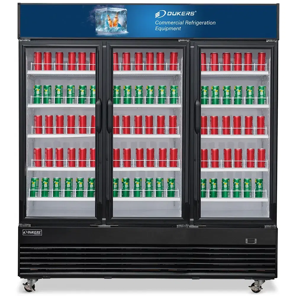 Dukers DSM-69R 78" Refrigerated Glass Door Merchandiser, 3 Sections, 5 Year Compressor Warranty