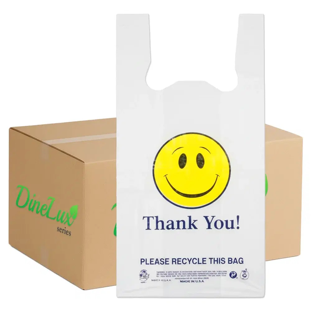 Dinelux Series 1/6 "Smiley Face" Printed T-Shirt Bags, White, 500/Case