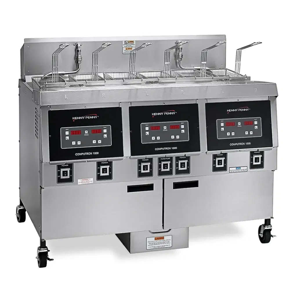 Henny Penny OFG323.07 49" Natural Gas Fryer, (3) 65 lb Vat, Computron 1000 Controls, 255,000 BTU